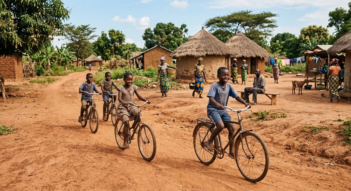 Lachende Kinder auf Fahrrädern in einem afrikanischen Dorf, als Symbolbild für die Charity-Projekte und das soziale Engagement von MyBikeDealer.