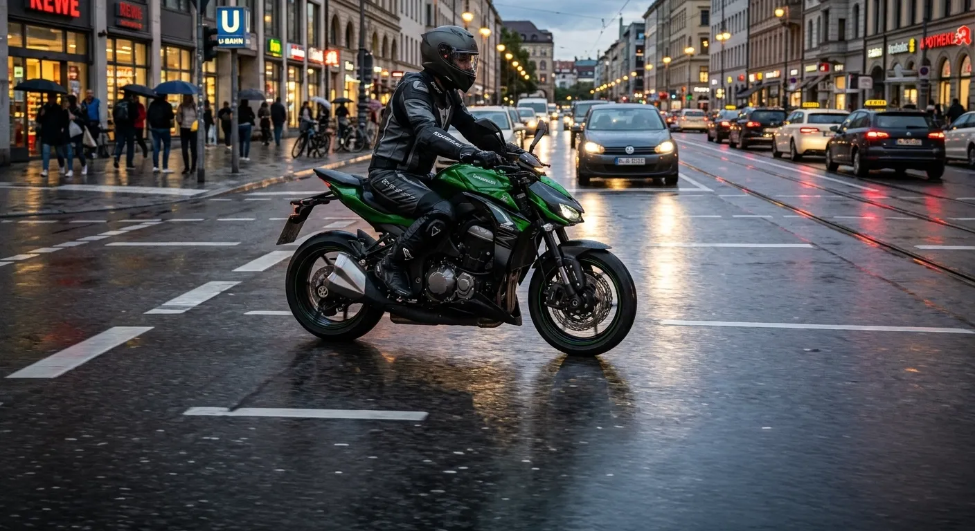 Motorradfahrer auf einer nassen Stadtstraße. Symbolbild für die Allgemeinen Geschäftsbedingungen (AGB) für Händler bei MyBikeDealer.