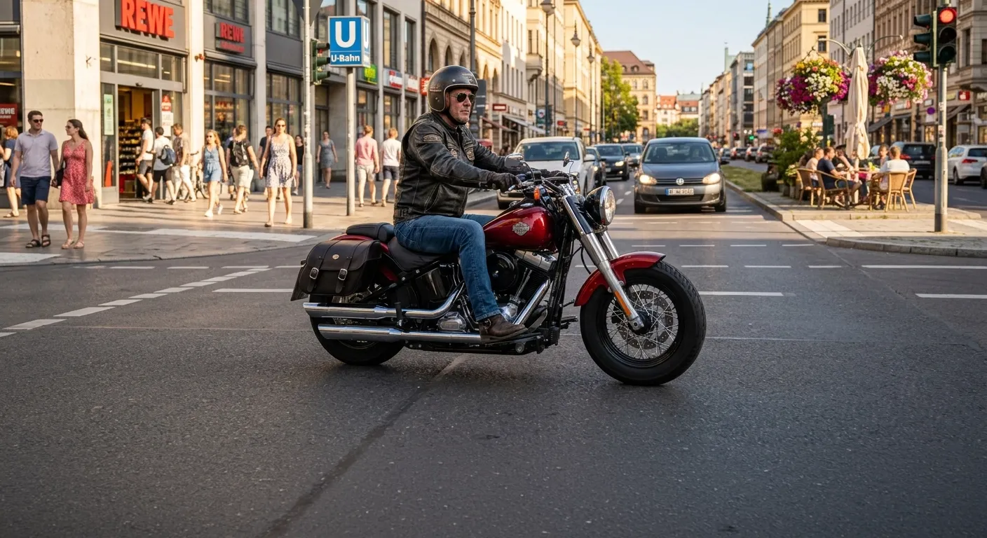 Motorradfahrer navigiert sicher durch den Stadtverkehr. Symbolbild für den geschützten und vertrauensvollen Umgang mit Nutzerdaten bei der Motorrad-Vermittlung MyBikeDealer.