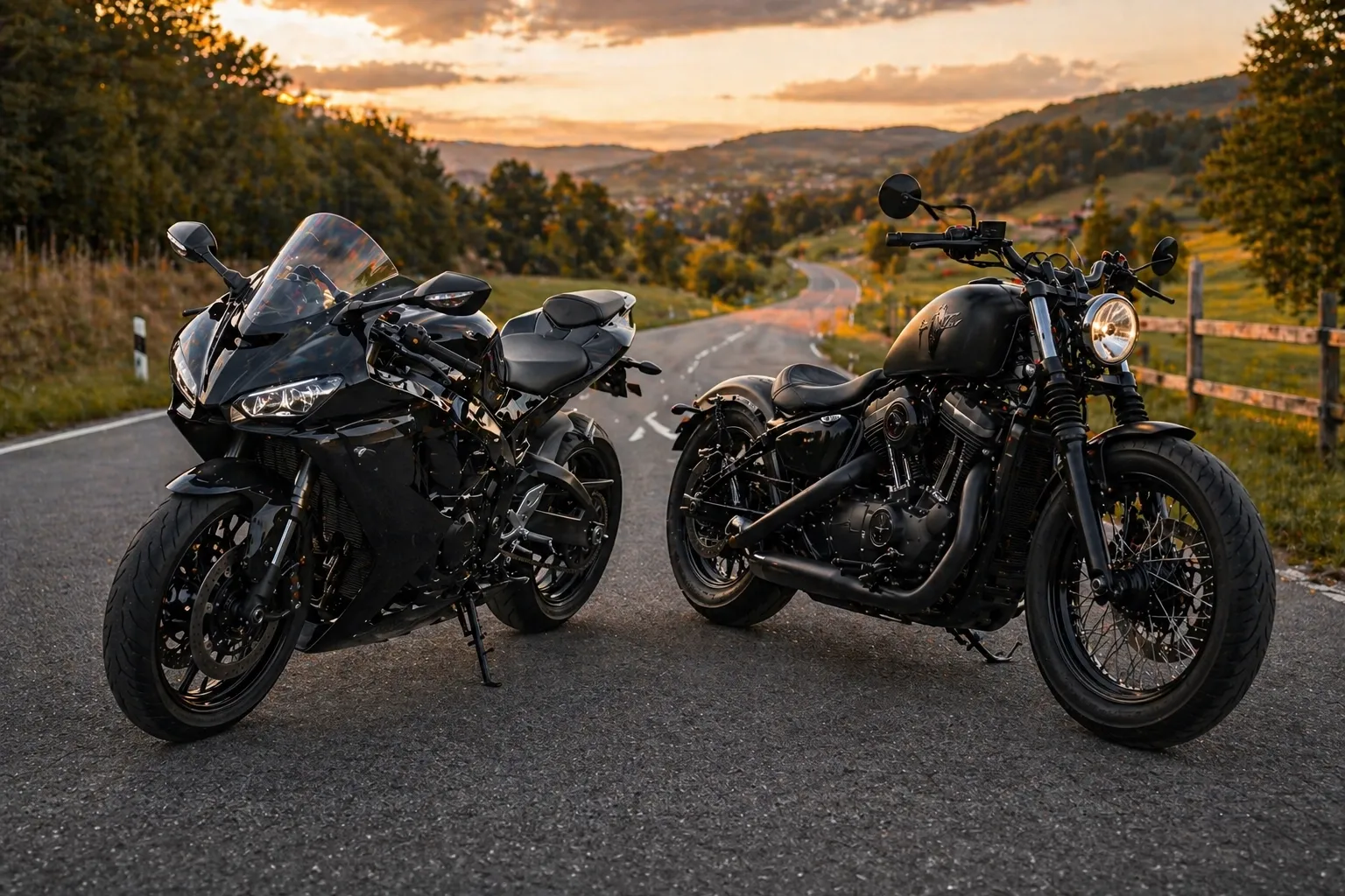 Ein Sportmotorrad und ein Cruiser auf einer sonnigen Landstraße. Symbolbild für die große Marken- und Modellvielfalt in der Motorrad-Übersicht bei MyBikeDealer.