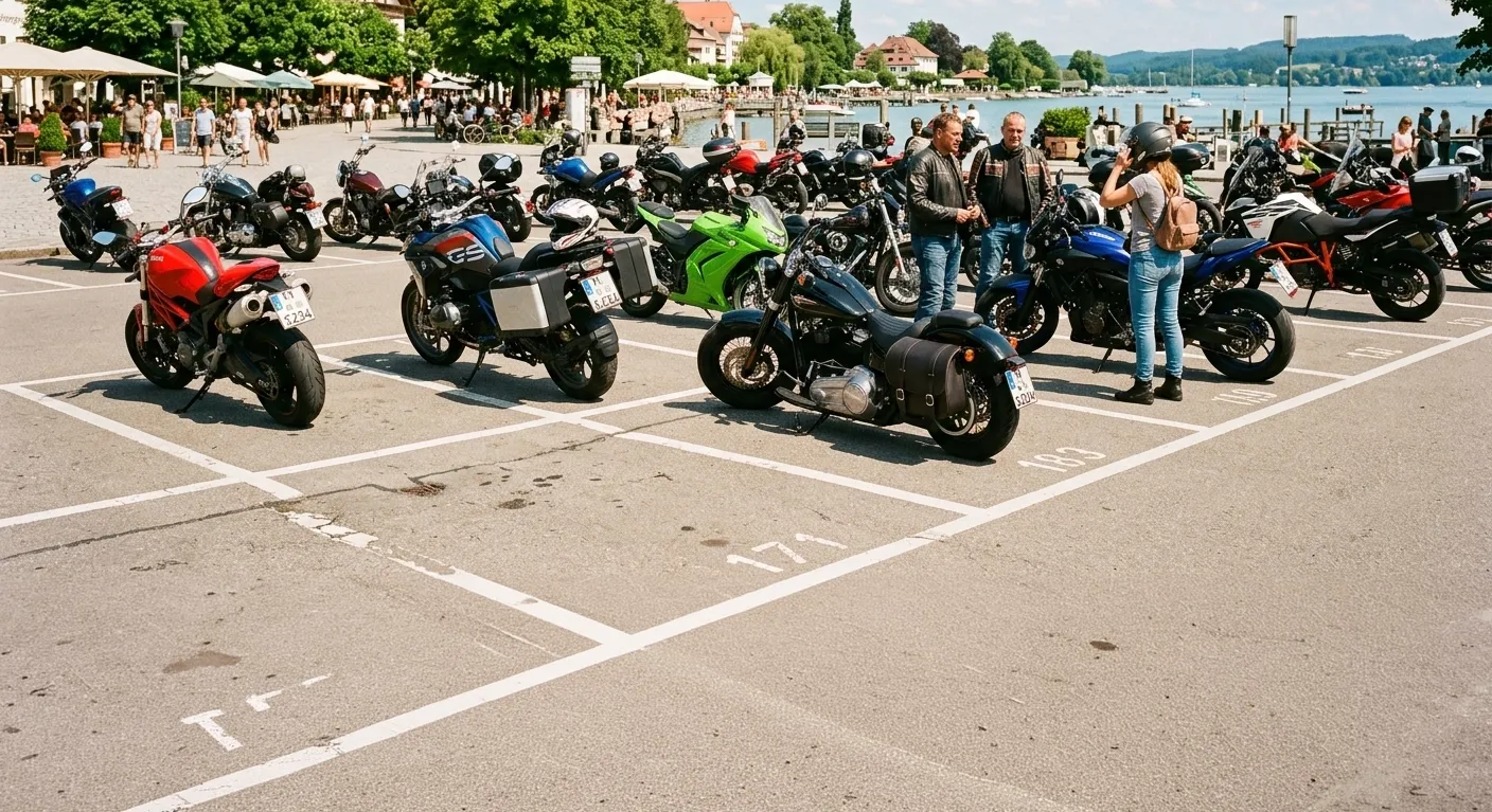 Motorradfahrer auf einem sonnigen Parkplatz am See. Symbolbild für die Freiheit, Pläne zu ändern, einen Zwischenstopp einzulegen und einen Vermittlungsvertrag bei MyBikeDealer flexibel zu widerrufen.
